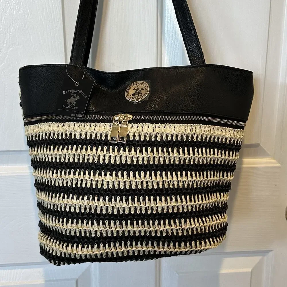 Beverly‎ Hills Polo Club Women Black Straw Stripe Tote Bag Gold Logo NWT